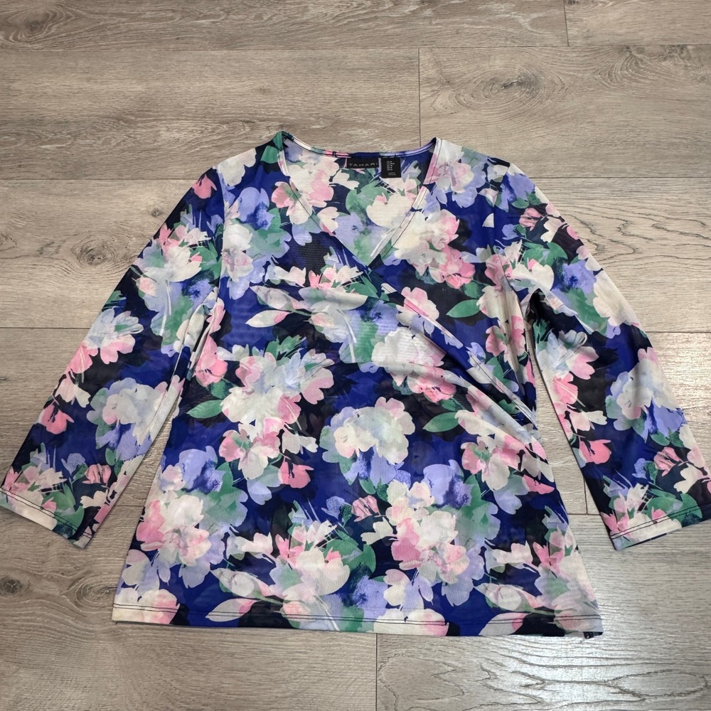 Tahari Womens Blue Pink Floral Mesh Faux Wrap V-Neck 3/4 Sleeve Top Size Medium